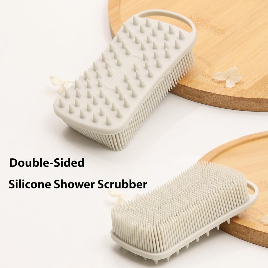 2 PC Silicone Body Scrubber, 2 in 1 Exfoliating Shower Bath Scrubber, Soft Silicone Loofah for Sensitive Skin, Shower Hair Scalp Massager, Easy to Clean, Lather Well (Grey&Black)
